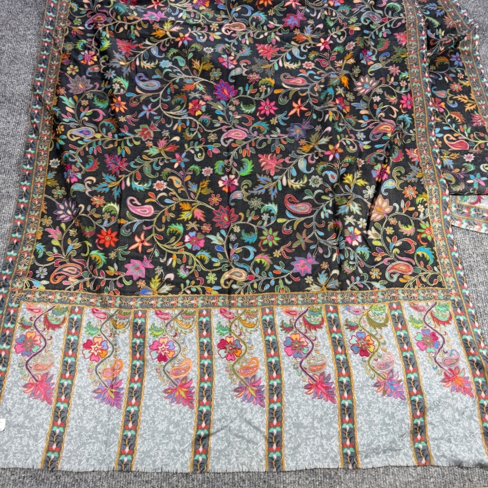 Pashmina Kashmiri Aari Hand Embroidered Kalamkari Fine Wool Shawl Stole 80"x30" - Picture 6 of 11